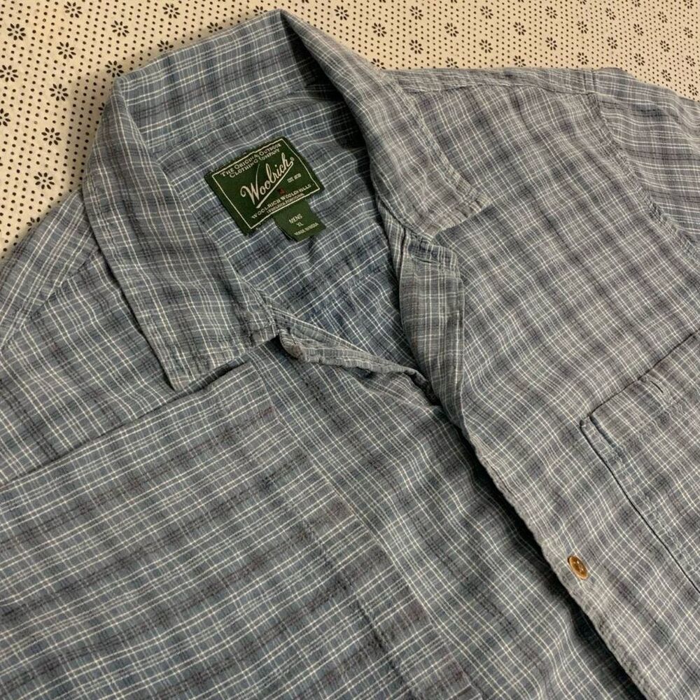 Woolrich Mens XL Short Sleeve Plaid Button Down Shirt Blue Outdoor Classic